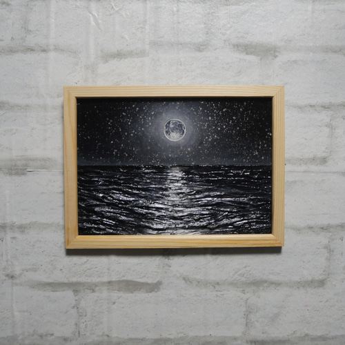 油絵 油彩 油彩画 絵 絵画 【白黒の満月と星空の海】 絵画 HR 通販