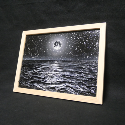油絵 原画】白黒の満月の海 | 絵画 油彩画 インテリア 絵画 HR 通販