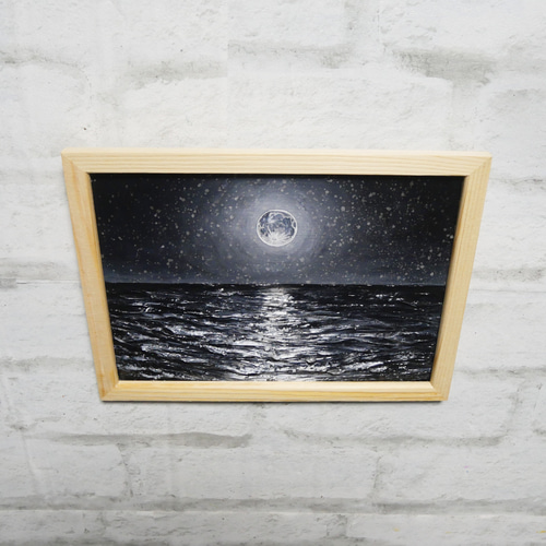 油絵 油彩 油彩画 絵 絵画 【白黒の満月と星空の海】 絵画 HR 通販