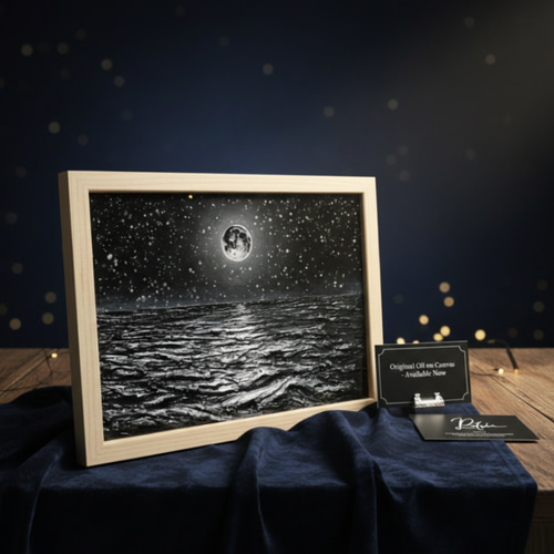 油絵 原画】白黒の満月の海 | 絵画 油彩画 インテリア 絵画 HR 通販