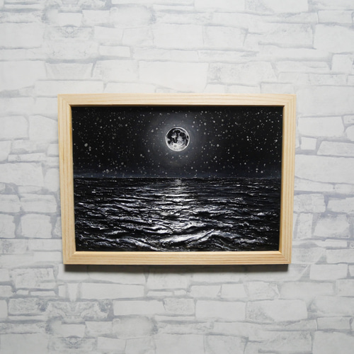 油絵 原画】白黒の満月の海 | 絵画 油彩画 インテリア 絵画 HR 通販