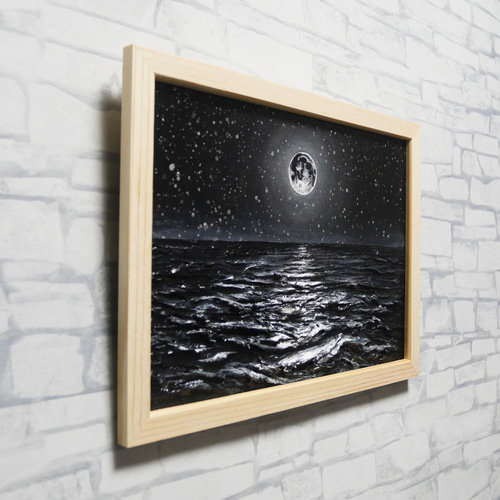 油絵原画 MOON 油彩画 原画 月 画鋲で設置可能 油絵 原画】白黒の満月の海 | 絵画 油彩画 インテリア 絵画 HR 通販