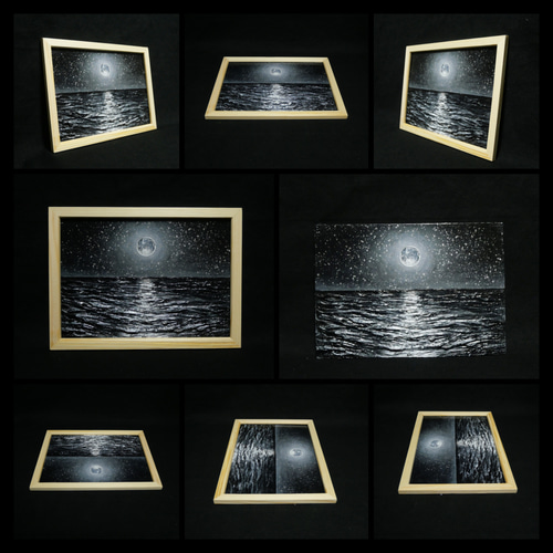 油絵 油彩 油彩画 絵 絵画 【白黒の満月と星空の海】 絵画 HR 通販