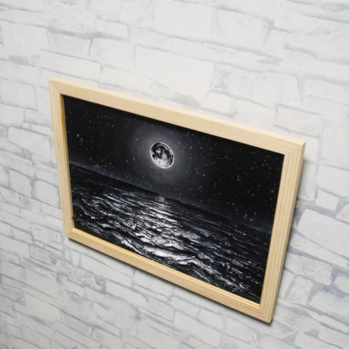 油絵 原画】白黒の満月の海 | 絵画 油彩画 インテリア 絵画 HR 通販