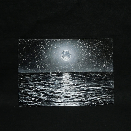 油絵 油彩 油彩画 絵 絵画 【白黒の満月と星空の海】 絵画 HR 通販