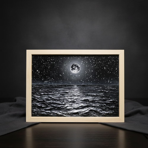 油絵 原画】白黒の満月の海 | 絵画 油彩画 インテリア 絵画 HR 通販