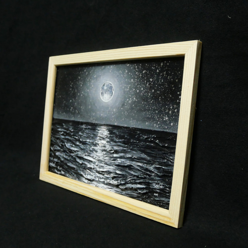 油絵 油彩 油彩画 絵 絵画 【白黒の満月と星空の海】 絵画 HR 通販