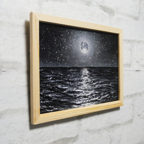 油絵 油彩 油彩画 絵 絵画 【白黒の満月と星空の海】 絵画 HR 通販