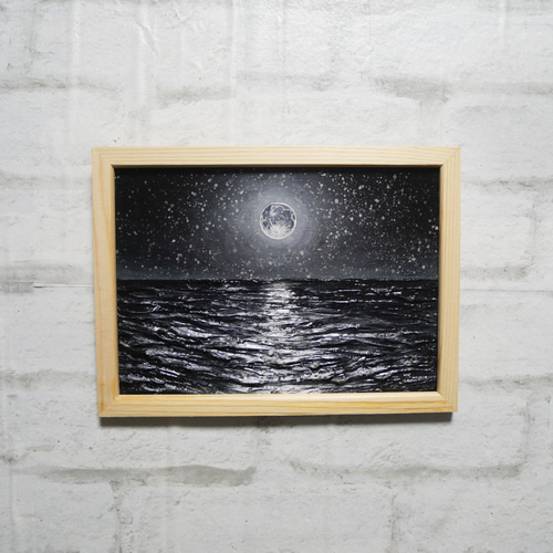 油絵 油彩 油彩画 絵 絵画 【白黒の満月と星空の海】 絵画 HR 通販