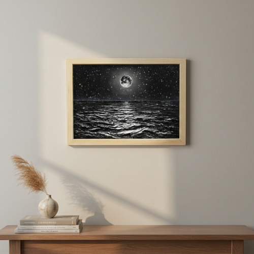 油絵 原画】白黒の満月の海 | 絵画 油彩画 インテリア 絵画 HR 通販