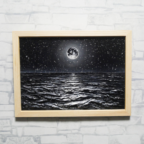 油絵 原画】白黒の満月の海 | 絵画 油彩画 インテリア 絵画 HR 通販