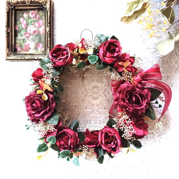 『Ｌサイズ』バーガンディ色の薔薇と紫陽花のアンティークでエレガントなリース・アーティシャルフラワー 1枚目の画像