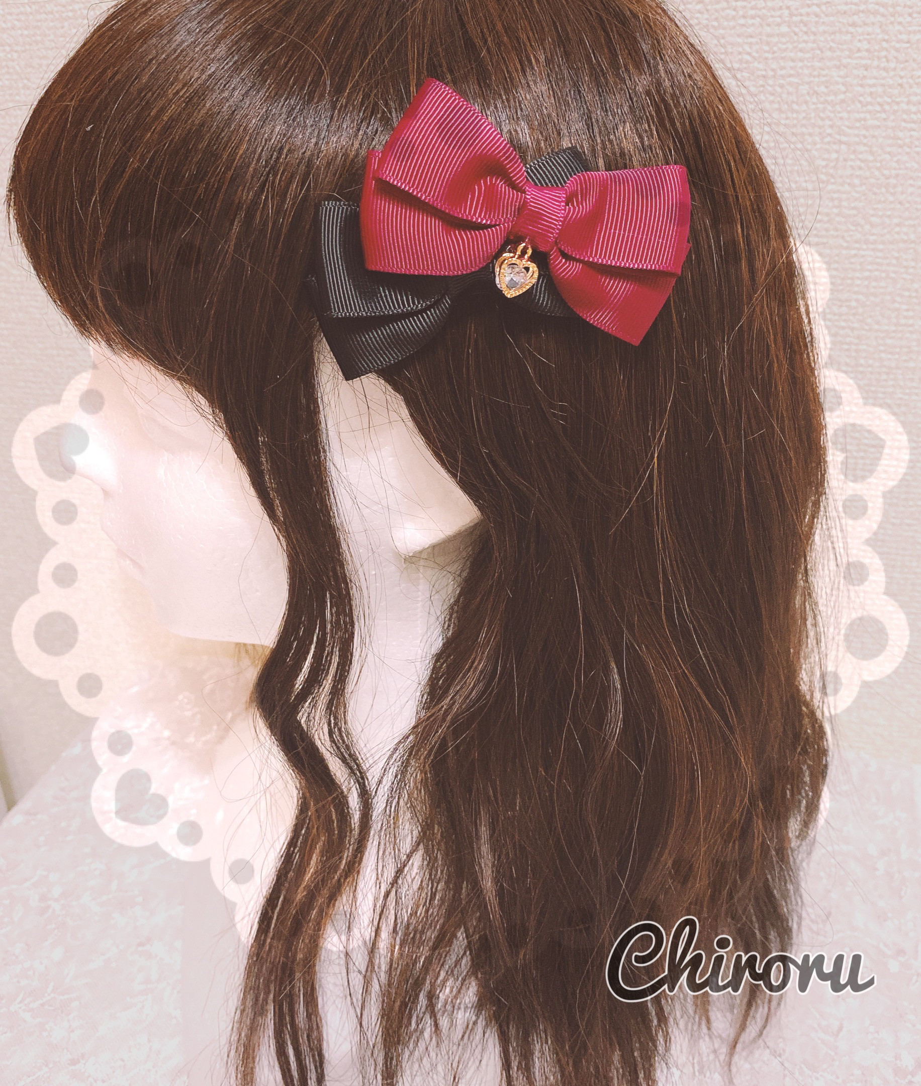 ダブルリボンハートチャーム♡ヘアクリップ(ブラック×ボルドー 