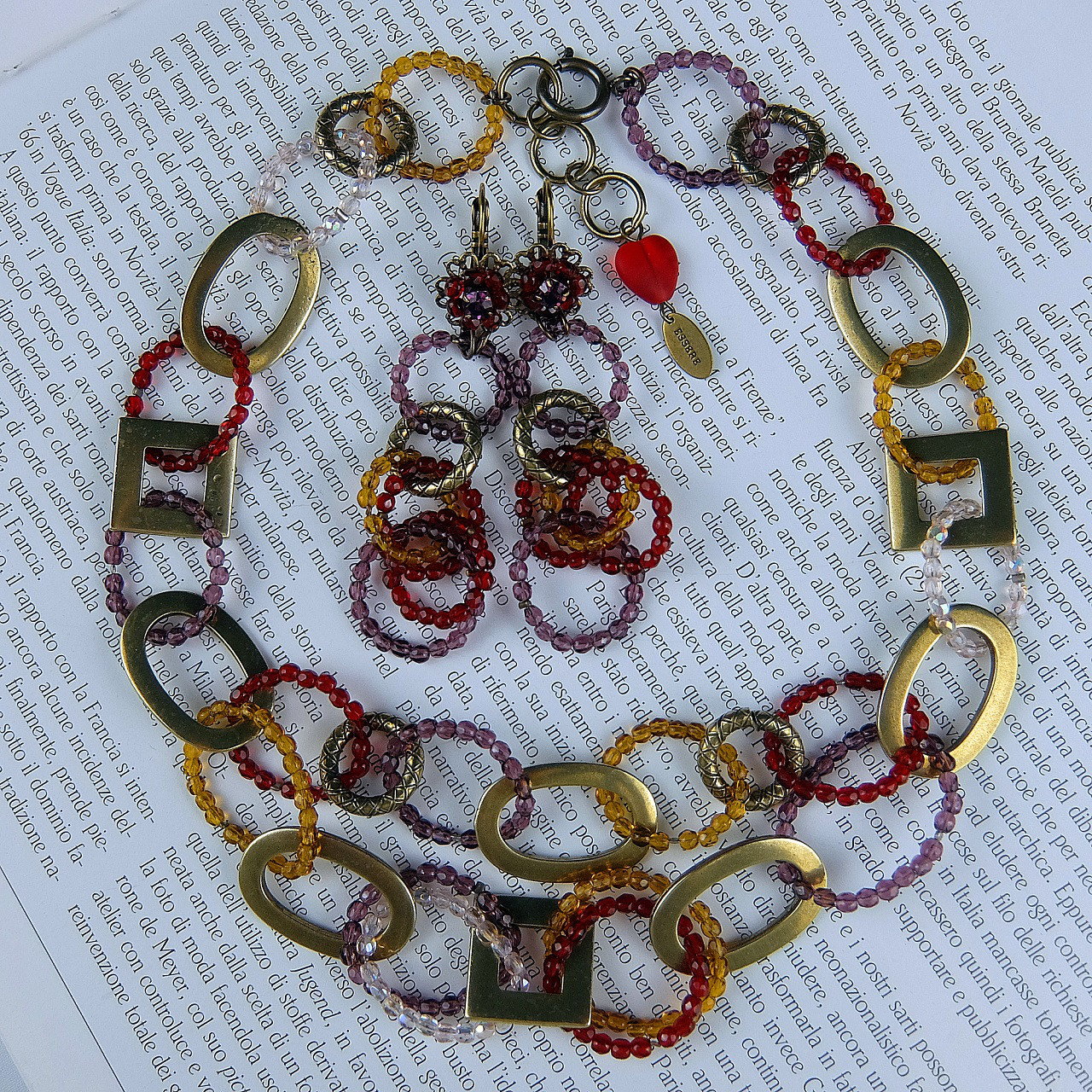 チェコビーズリング＆真鍮オバールリングのショートネックレスとピアスのセット