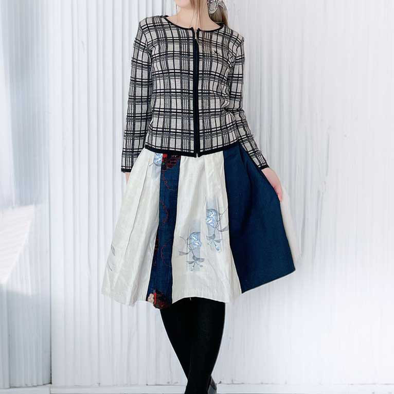 パッチワークスカート 膝下丈 【 着物リメイク 】 フリーサイズ * 一点物 / 青 * 白