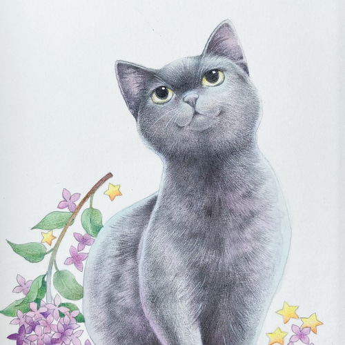 猫の絵画 アクリルガッシュ ポストカードサイズ 原画 世界に一つ
