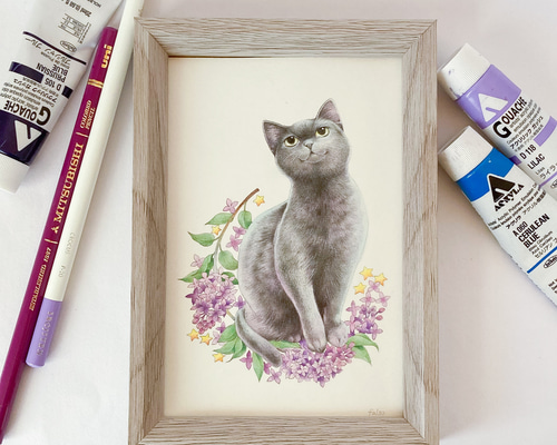 猫 ネコ 1点物 ポストカードサイズ 原画 クレヨン画 肉筆 新品