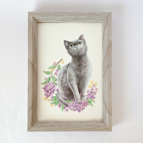 ライラックと黒猫 ポストカードサイズ 原画一点物 アクリル