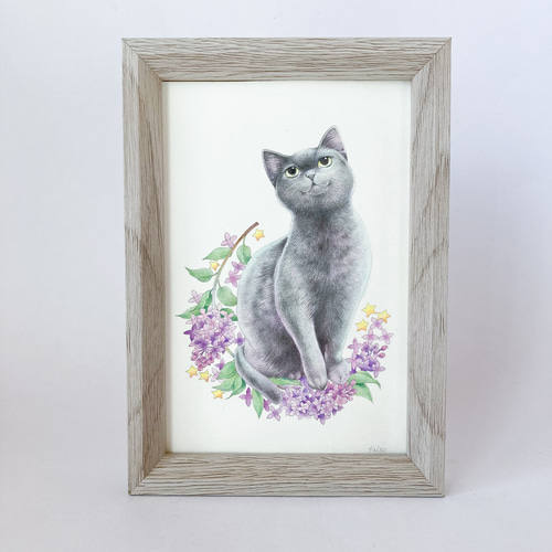 ライラックと黒猫 ポストカードサイズ 原画一点物 アクリル ライラックと黒猫 ポストカードサイズ 原画一点物 アクリル