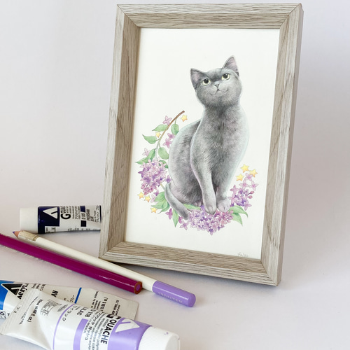ライラックと黒猫 ポストカードサイズ 原画一点物 アクリル