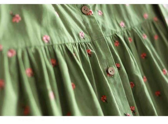 刺繡生地　2wayシャツワンピース　ポケット付き　ウエストリボン【春夏秋】若草色 10枚目の画像
