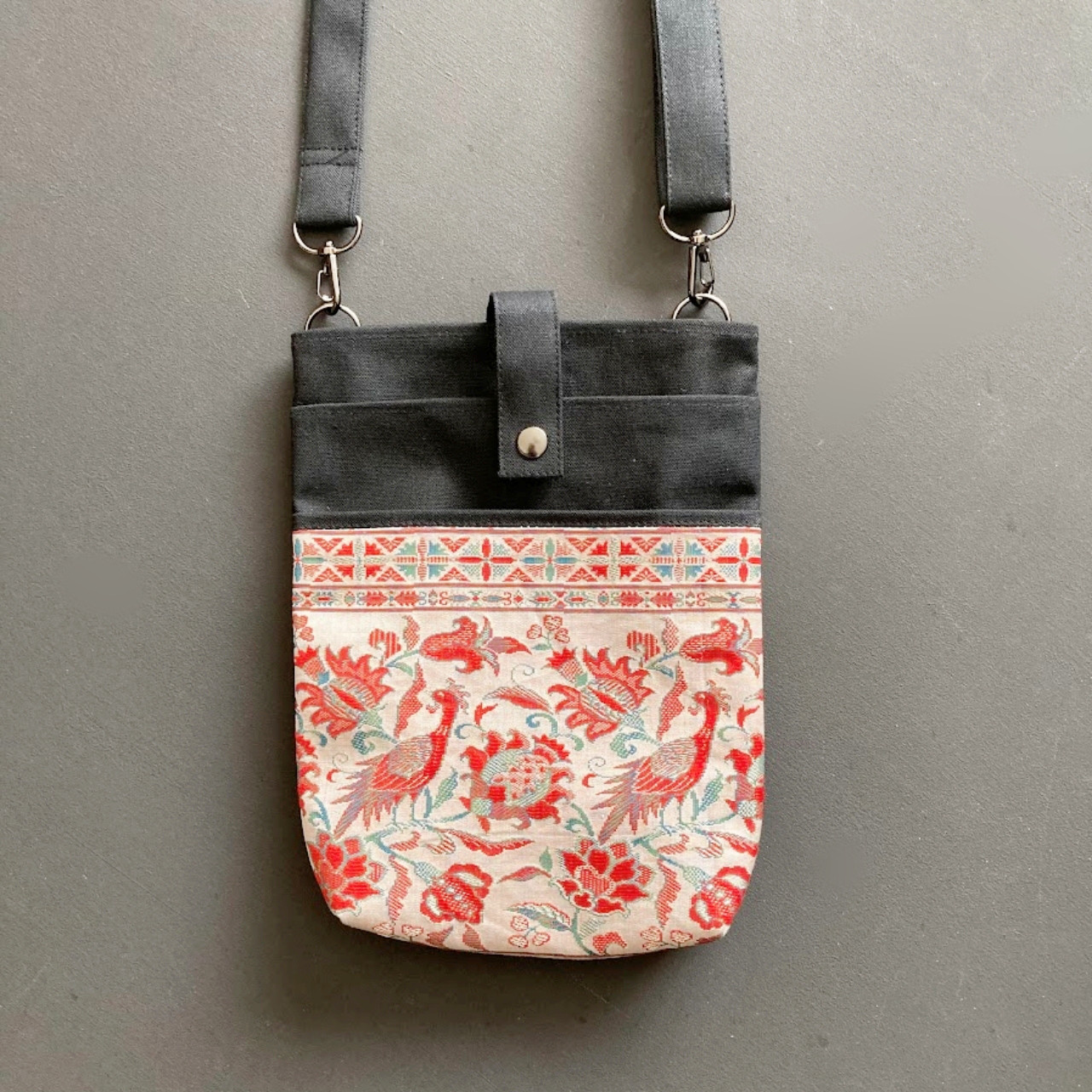 帯ショルダー RED×とり／BLACK 着物リメイク ショルダーバッグ 日月堂