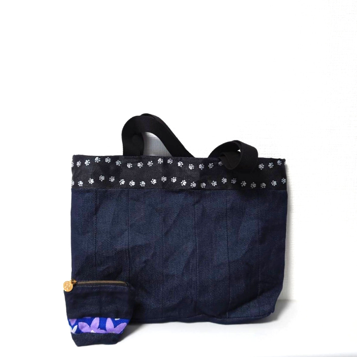 デニム畳のヘリトートバッグ〜いぬの足跡*ペンスタンドにもなるポーチ〜花柄 ・セット