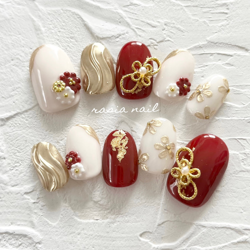 人気No. 1✿ 和装フラワーネイル 成人式 結婚式 ブライダル 振袖 水引