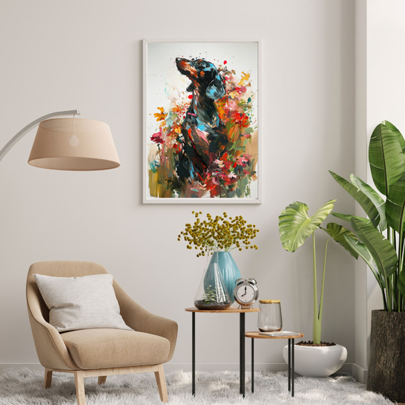 【犬花爛漫 - ダックスフンド犬 No.4】モダンアートポスター 犬の絵 犬の絵画 犬のイラスト 7枚目の画像