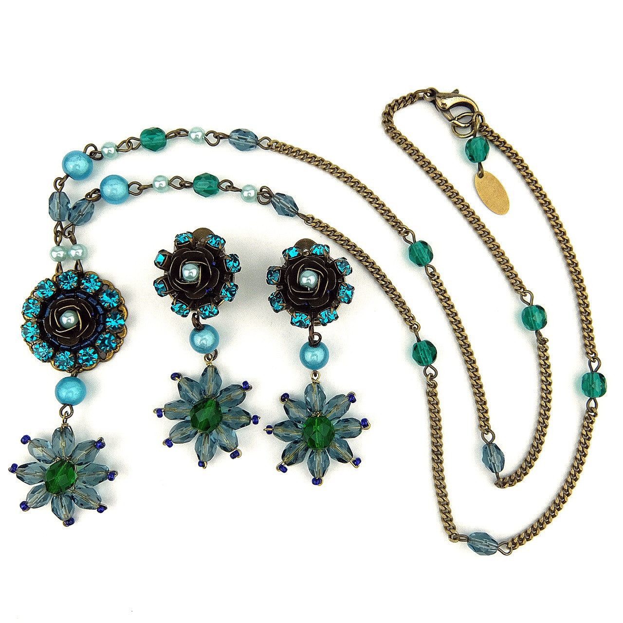 ラインストーンとヴェネツィアンガラスのペンダントネックレスとイヤリングのセット