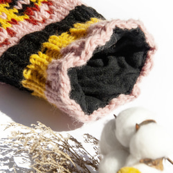 手編みウールニットソックス/ストライプソックス/ウールかぎ針編みストッキング/あったかウールソックス-北欧フェアアイル風イチゴ手 6枚目の画像