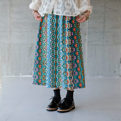 ふわりカラフル！軽くて涼しいインド綿ギャザースカート （24s-09）グリーン 2枚目の画像