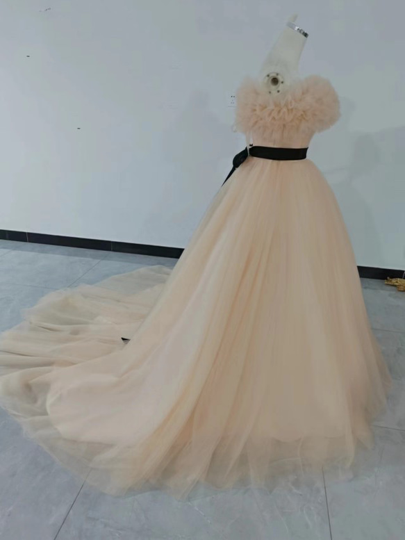 カラードレスシャンパン色 ソフトチュール ロングトレーン 取り外しオフショルダー 結婚式/披露宴 二次会 二次会 XL 身長 ドレス