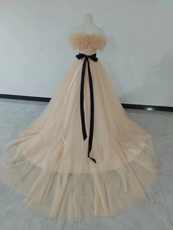 カラードレスシャンパン色 ソフトチュール ロングトレーン 取り外しオフショルダー 結婚式/披露宴 二次会 二次会 XL 身長 ドレス
