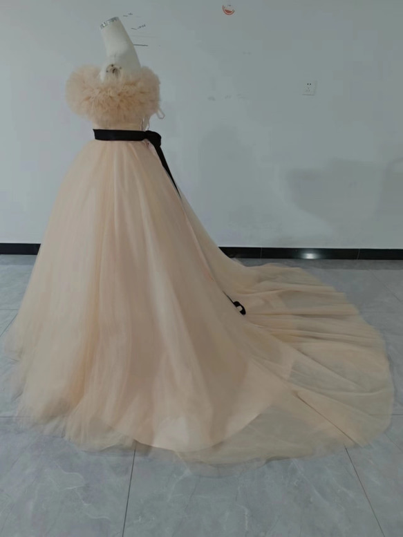 カラードレスシャンパン色 ソフトチュール ロングトレーン 取り外しオフショルダー 結婚式/披露宴 二次会 二次会 XL 身長 ドレス