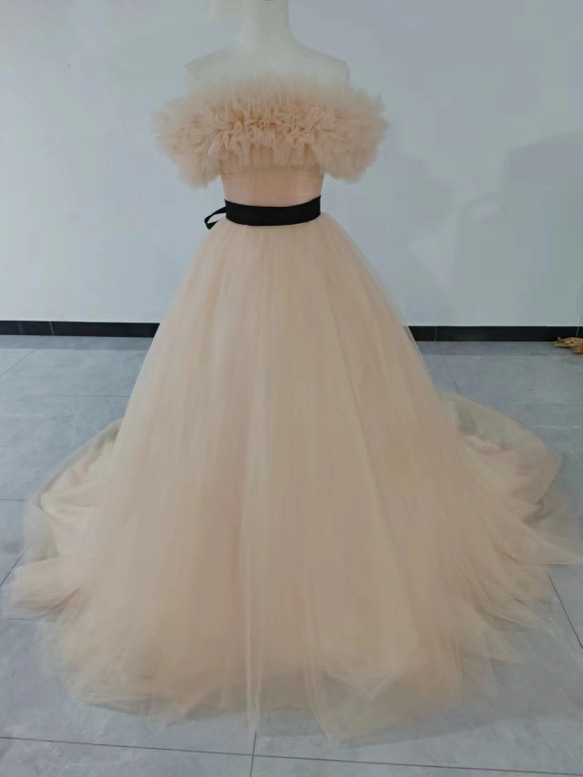 カラードレスシャンパン色 ソフトチュール ロングトレーン 取り外しオフショルダー 結婚式/披露宴 二次会 二次会 XL 身長 ドレス