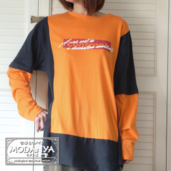 リメイク古着［tops04］オレンジ+紺オーバーサイズ長袖Tシャツ 8枚目の画像