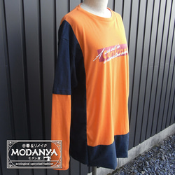 リメイク古着［tops04］オレンジ+紺オーバーサイズ長袖Tシャツ 4枚目の画像