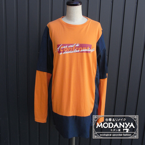 リメイク古着［tops04］オレンジ+紺オーバーサイズ長袖Tシャツ T