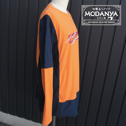 リメイク古着［tops04］オレンジ+紺オーバーサイズ長袖Tシャツ Tシャツ