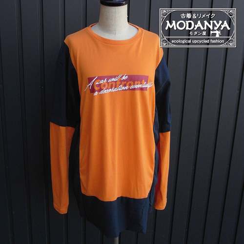 リメイク古着［tops04］オレンジ+紺オーバーサイズ長袖Tシャツ Tシャツ
