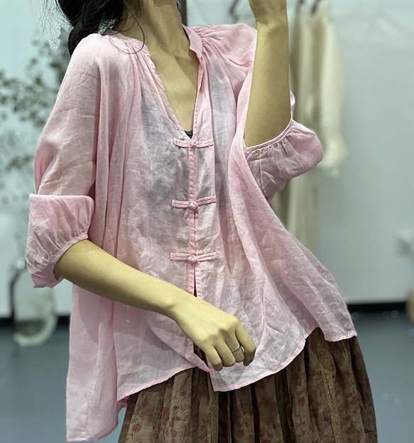受注】春夏.リネンシャツ. 麻ブラウス.ピンク*ホワイト シャツ S