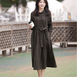 リネン100% 丸襟大人上品なロングワンピース ウエストリボン ポケット