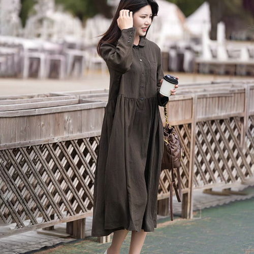 リネン100% 丸襟大人上品なロングワンピース ウエストリボン ポケット  