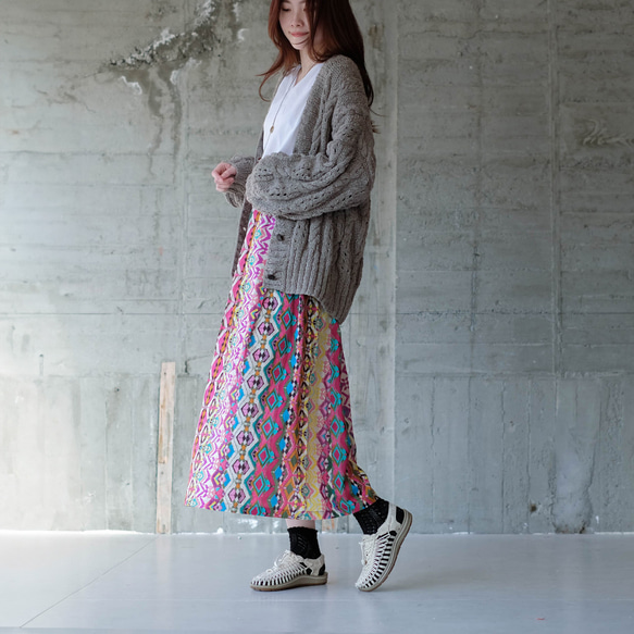 ふわりカラフル！軽くて涼しいインド綿ギャザースカート （24s-09）ピンク 7枚目の画像