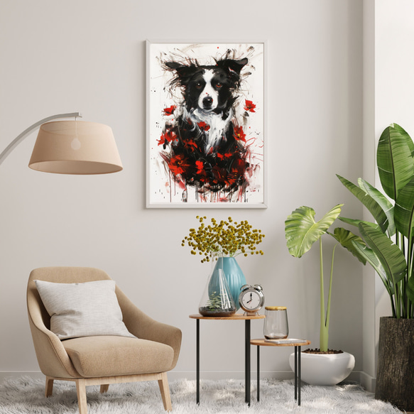 【犬花爛漫 - ボーダーコリー犬 No.3】モダンアートポスター 犬の絵 犬の絵画 犬のイラスト 7枚目の画像