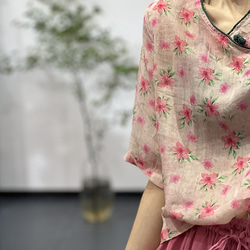 【受注】春夏.リネンシャツ. 麻ブラウス.ピンク 7枚目の画像