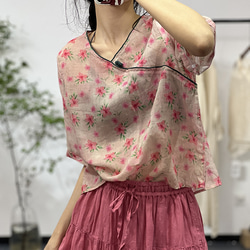 【受注】春夏.リネンシャツ. 麻ブラウス.ピンク 6枚目の画像