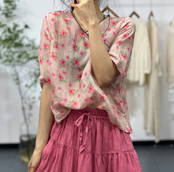 【受注】春夏.リネンシャツ. 麻ブラウス.ピンク 2枚目の画像