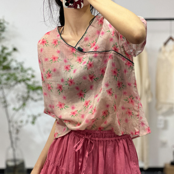【受注】春夏.リネンシャツ. 麻ブラウス.ピンク 3枚目の画像